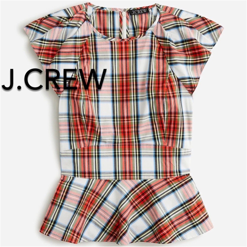 Women's J.Crew Cap-Sleeve Peplum Top in Snowy Stewart Tartan Size 12 NWD $89.50